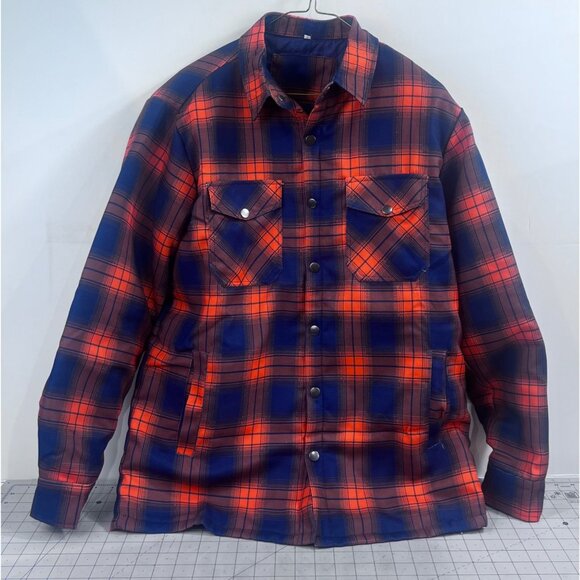 Other - Men's Quilted Flannel Shirt Jacket Plaid Blue & Orange Sz. L Pearl Snap Vintage